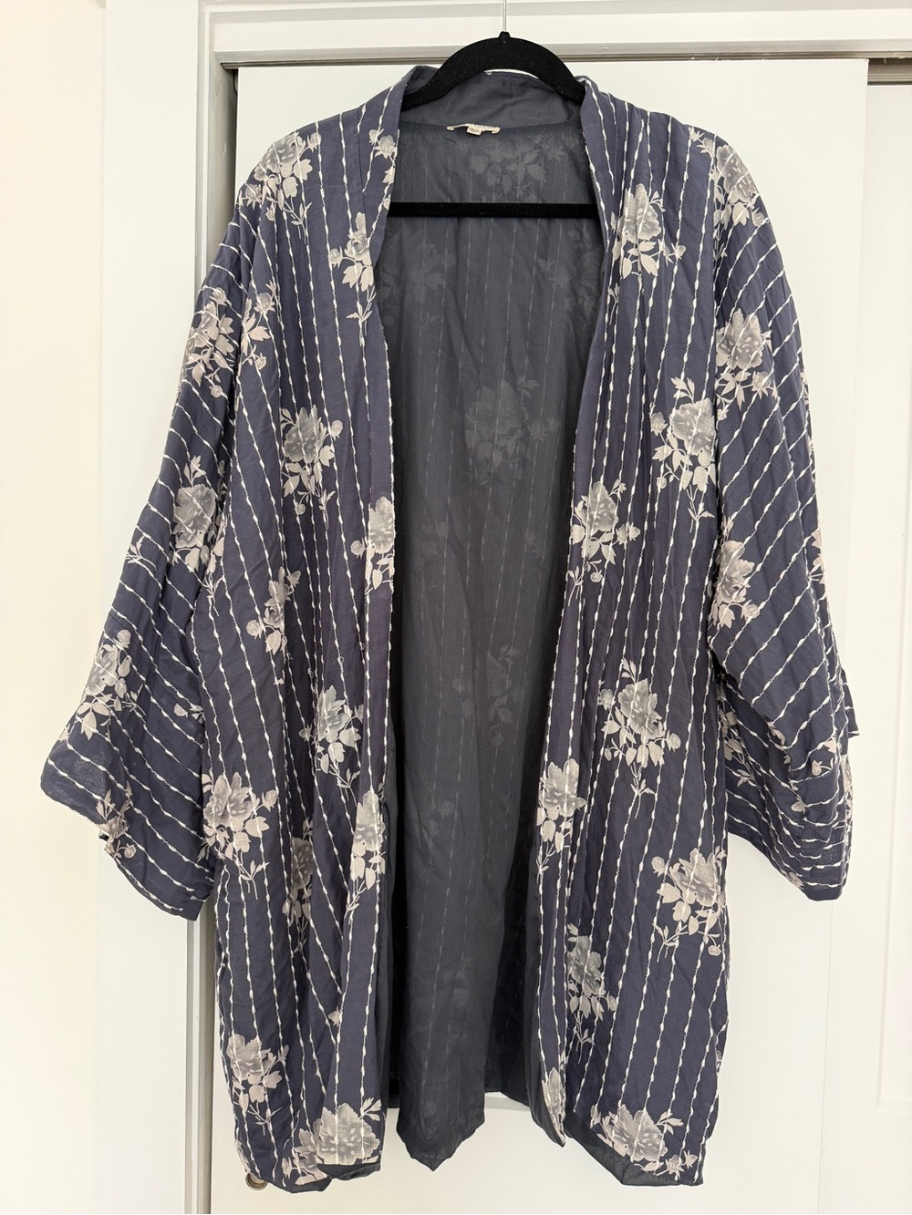 100% Cotton Floral Striped Open-Front Kantha Quilt-like Women's Cardigan - Navy